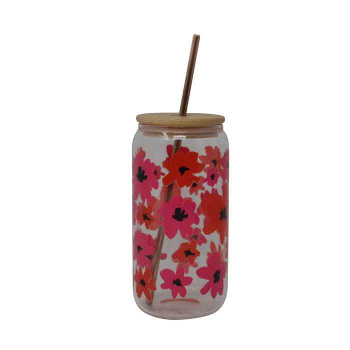 Verre avec couvercle - Marguerites roses