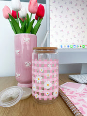 Verre 16 oz - Carreauté rose et marguerites