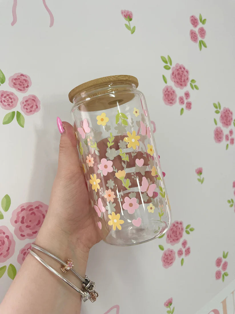 Verre 16 oz - Papillons et fleurs jaunes et roses