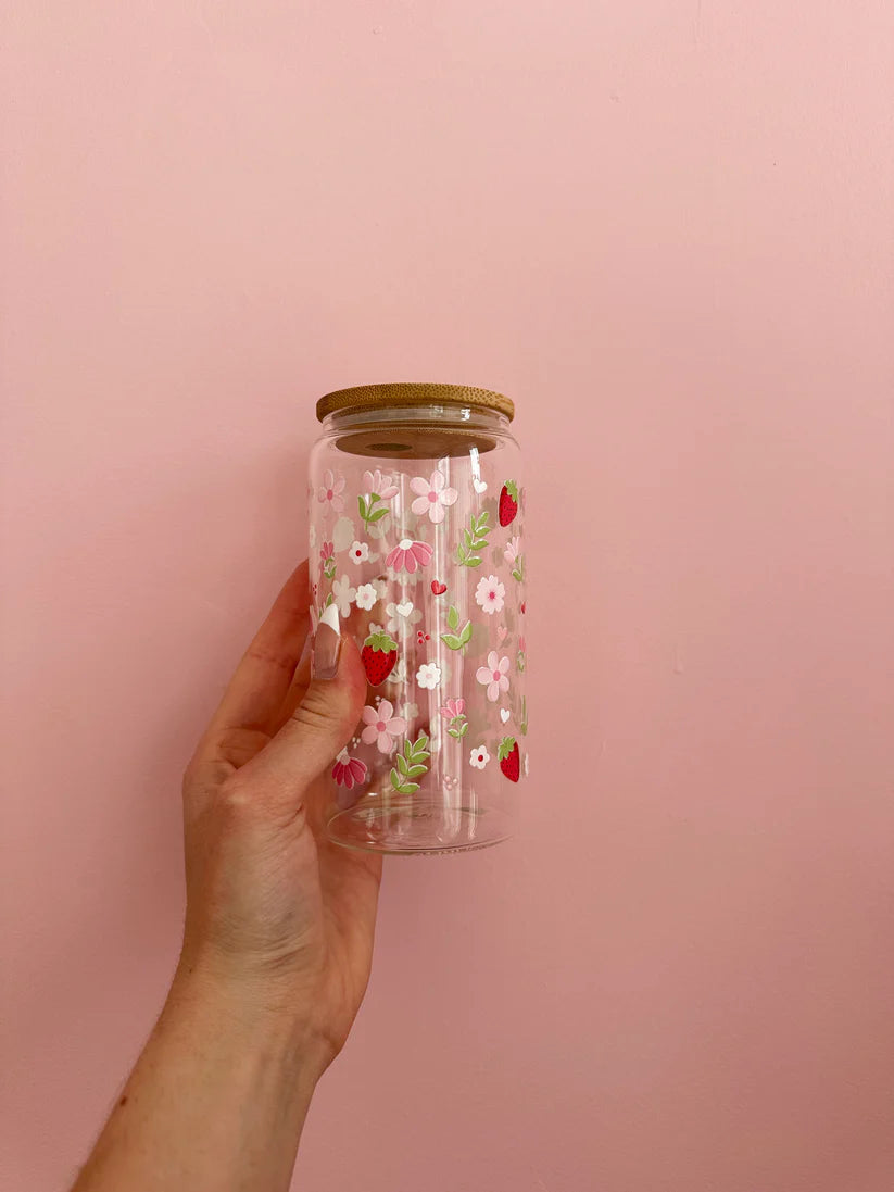 Verre 16 oz - Fraises et fleurs