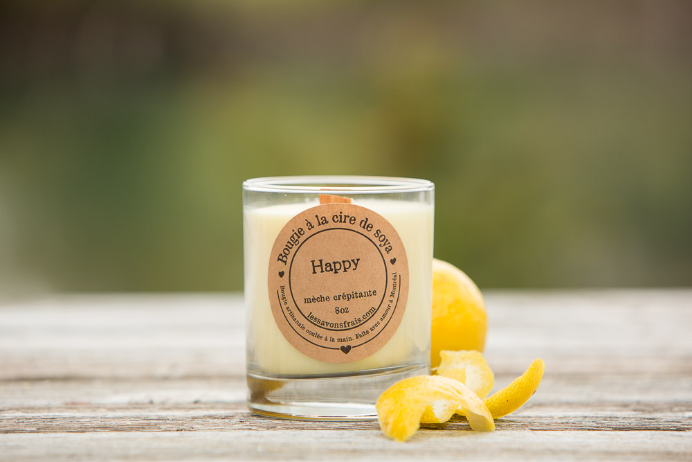 Chandelle de soya avec mèche crépitante - Happy