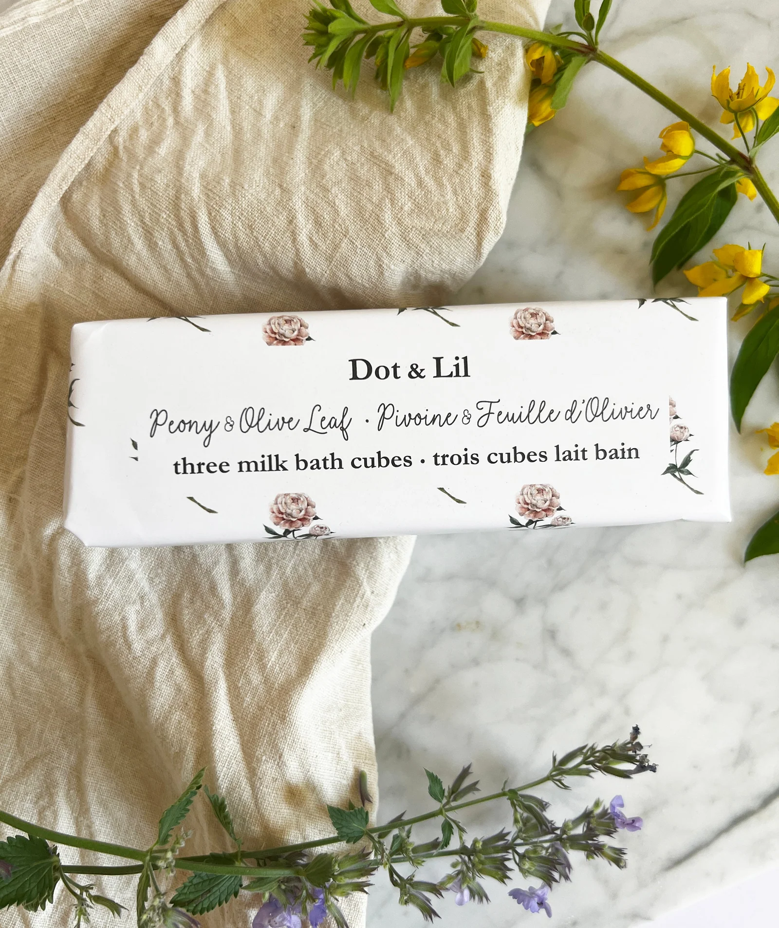 Trio de cubes de lait de bain effervescents – Pivoine et feuille d’olivier