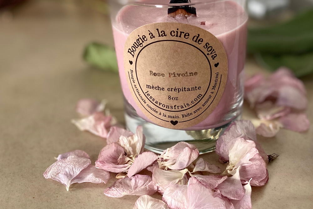 Chandelle de soya avec mèche crépitante - Rose pivoine
