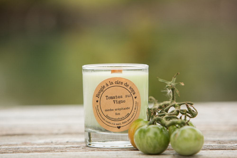 Chandelle de soya avec mèche crépitante - Tomates sur vigne