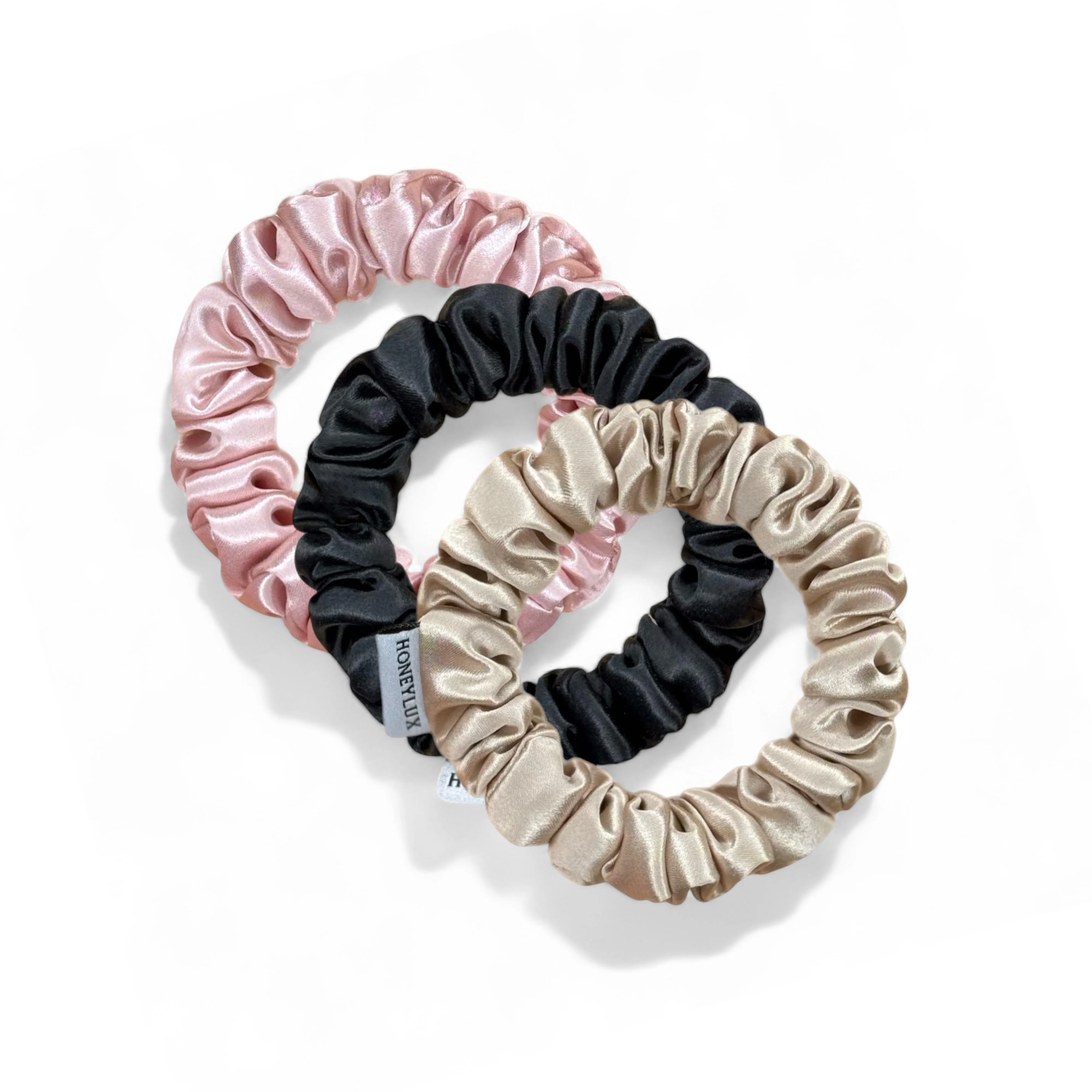 Trois mini chouchous en soie biologique - Beige, noir et rose